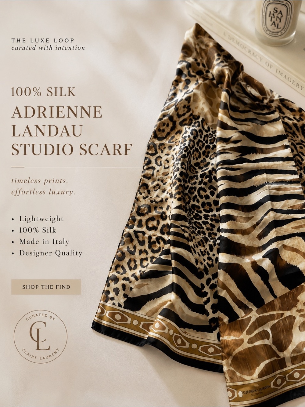 Adrienne Landau Brown, Black & Cream Animal Print Silk Scarf